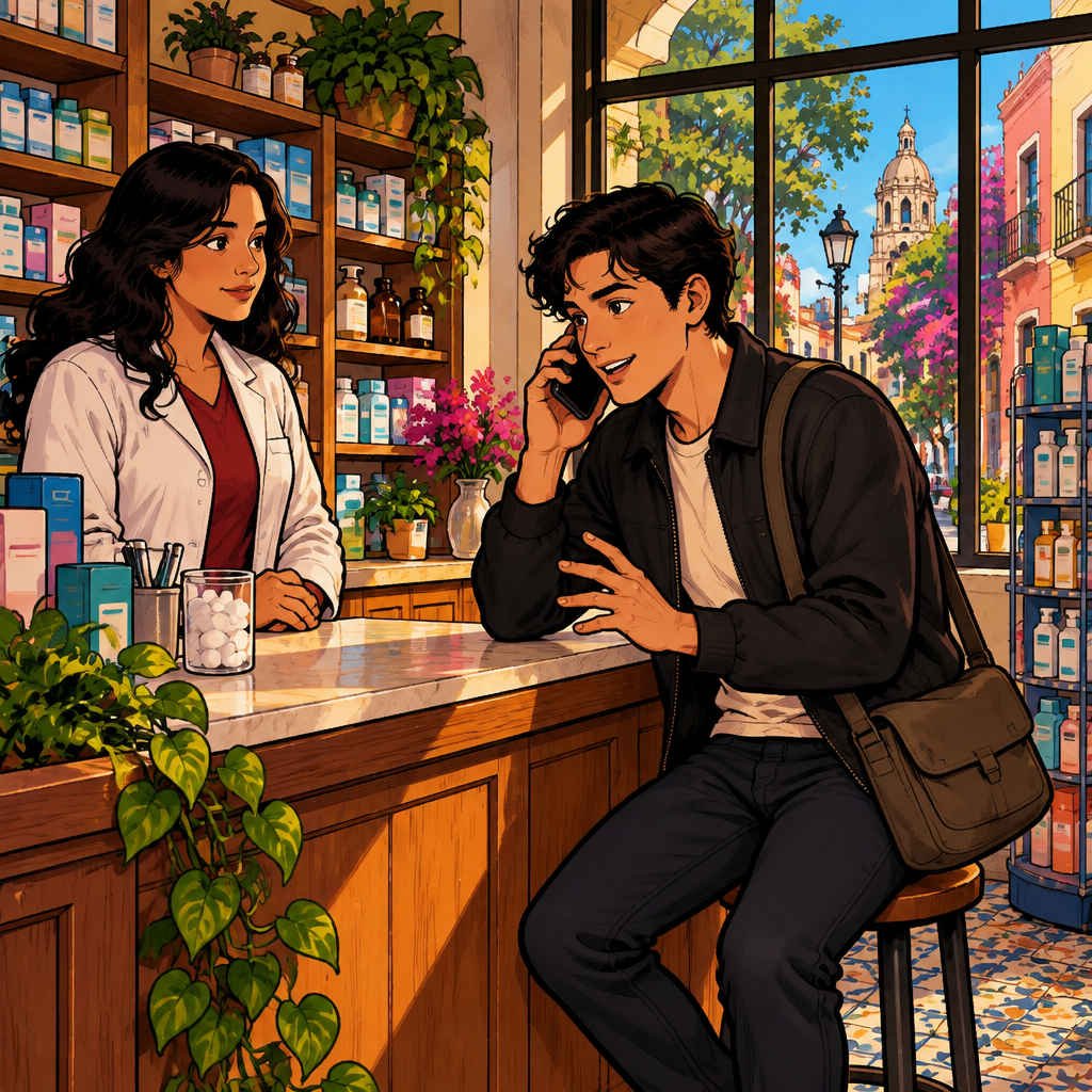 Justin begins the clinic call himself, holding the phone to his ear with a confident expression.