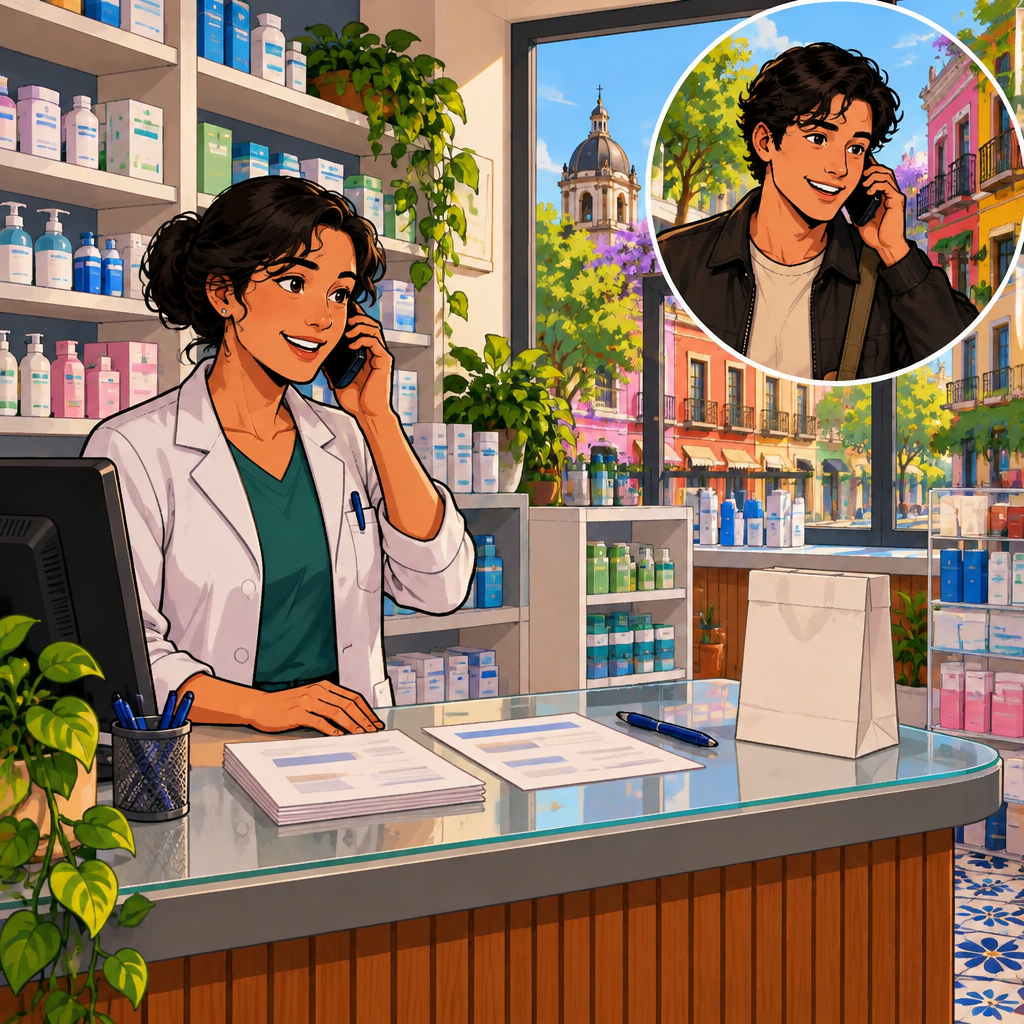 Esther stands at her pharmacy counter during a phone call while Justin listens on the other end, with appointment papers, a blank paper bag, and a pen nearby.