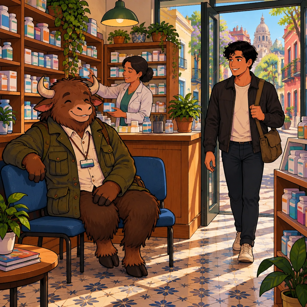 Esther behind her pharmacy counter arranging small boxes while a healthier-looking Justin walks in.