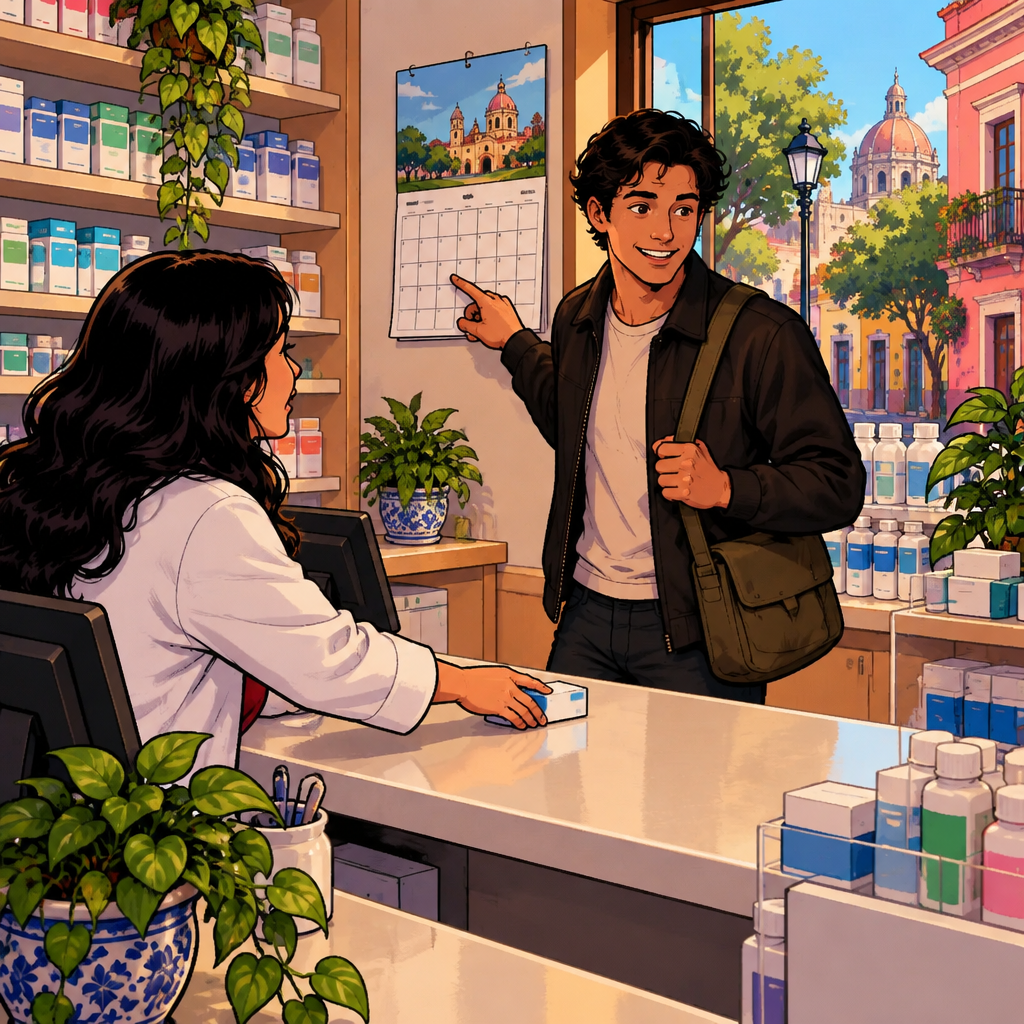 Justin points at a wall calendar with blank squares, indicating a return date.
