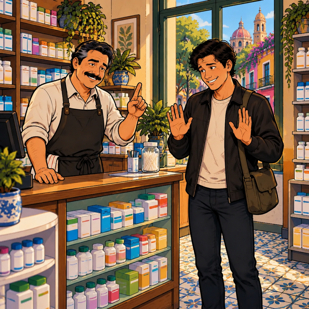 Michael, the pharmacist's helper, wagging a finger while advising Justin to avoid something.