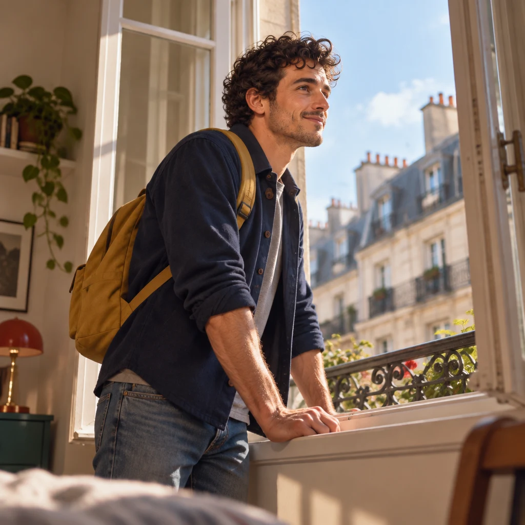From a low angle in the apartment, Sam stands at the open window looking out over the neighbourhood.