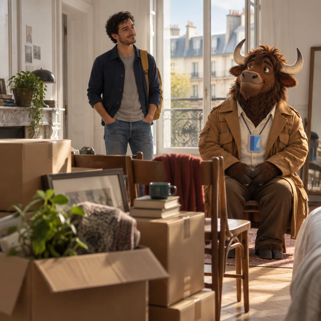A detail of the still-new apartment, with Sam standing in the room and Gaspard sitting on chairs pushed together, both soft in the background.