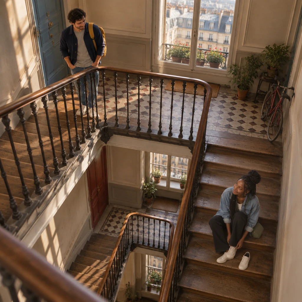 Sam stands on an upper landing looking down at Inès, who sits on a lower step with one shoe on and a green bag over one shoulder.