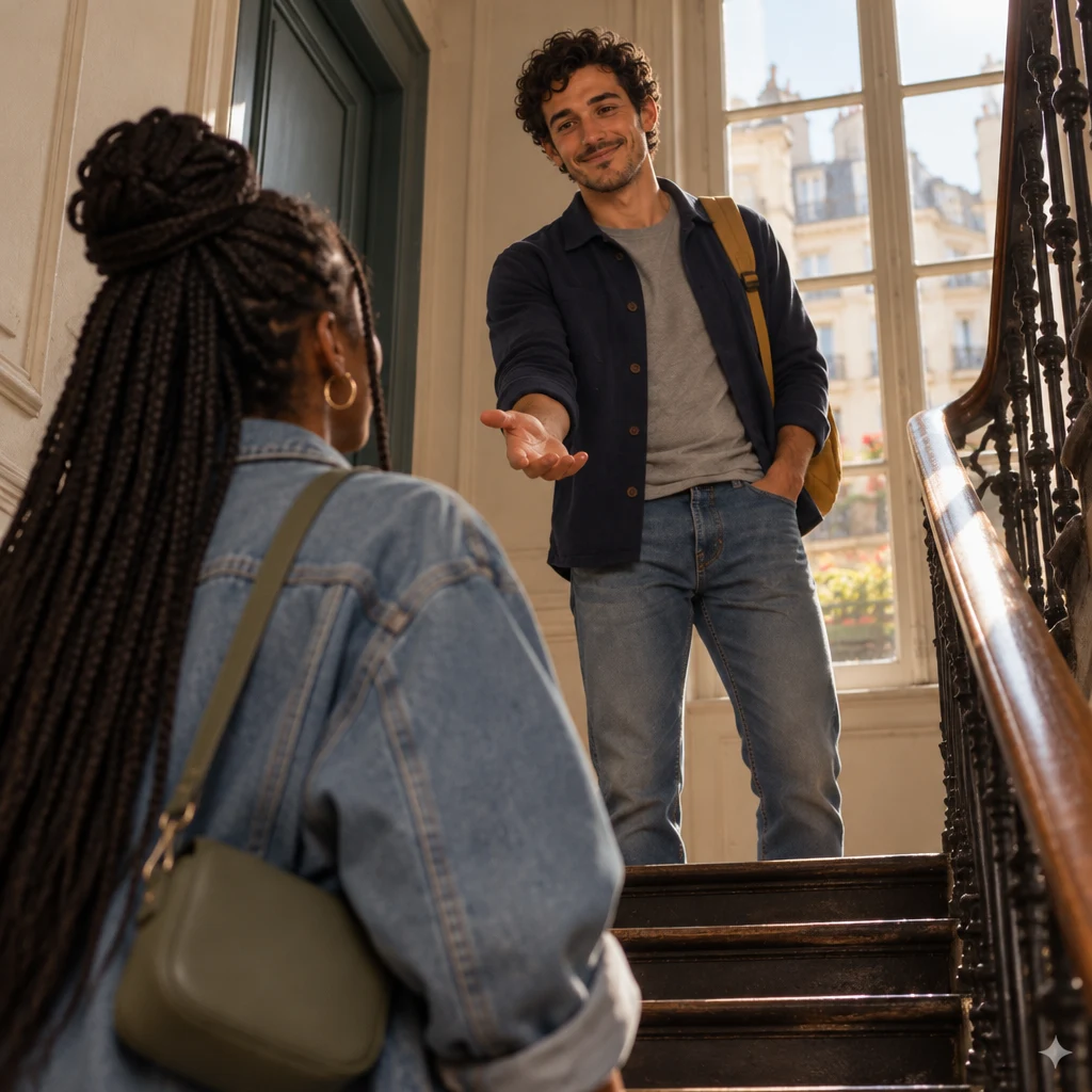 From behind Inès, Sam stands on the stair landing above, turned down the stairs with an open-handed question gesture.