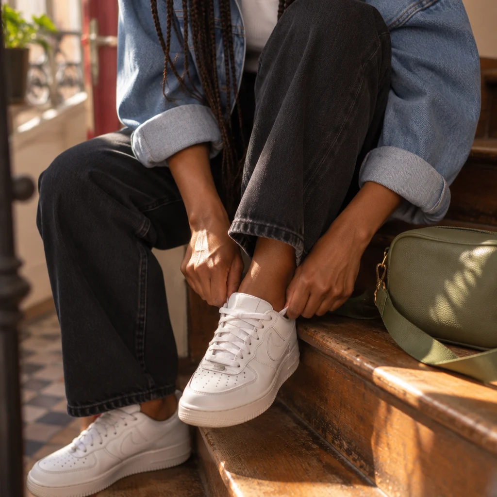Inès sits on a stair tugging on the other shoe, with a green bag resting on the step.