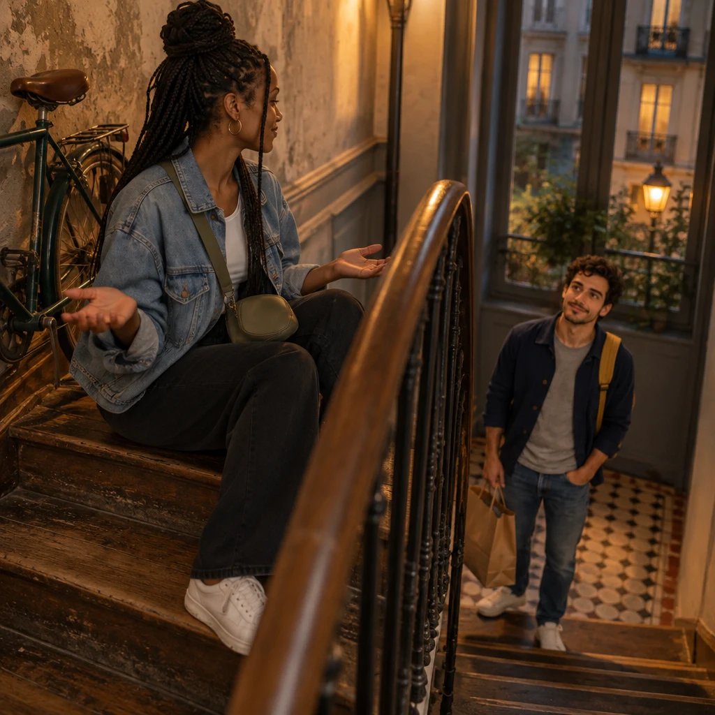 A profile of Inès sitting on a stair with a small shrug, the landing bicycle behind, while Sam waits a flight below.