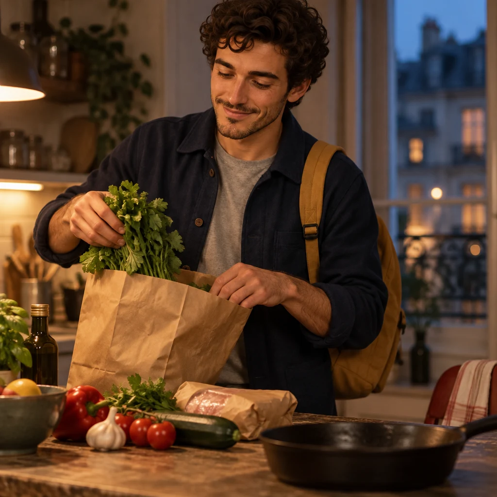 A close-up of Sam unpacking an open shop bag at the kitchen counter, getting dinner ready.