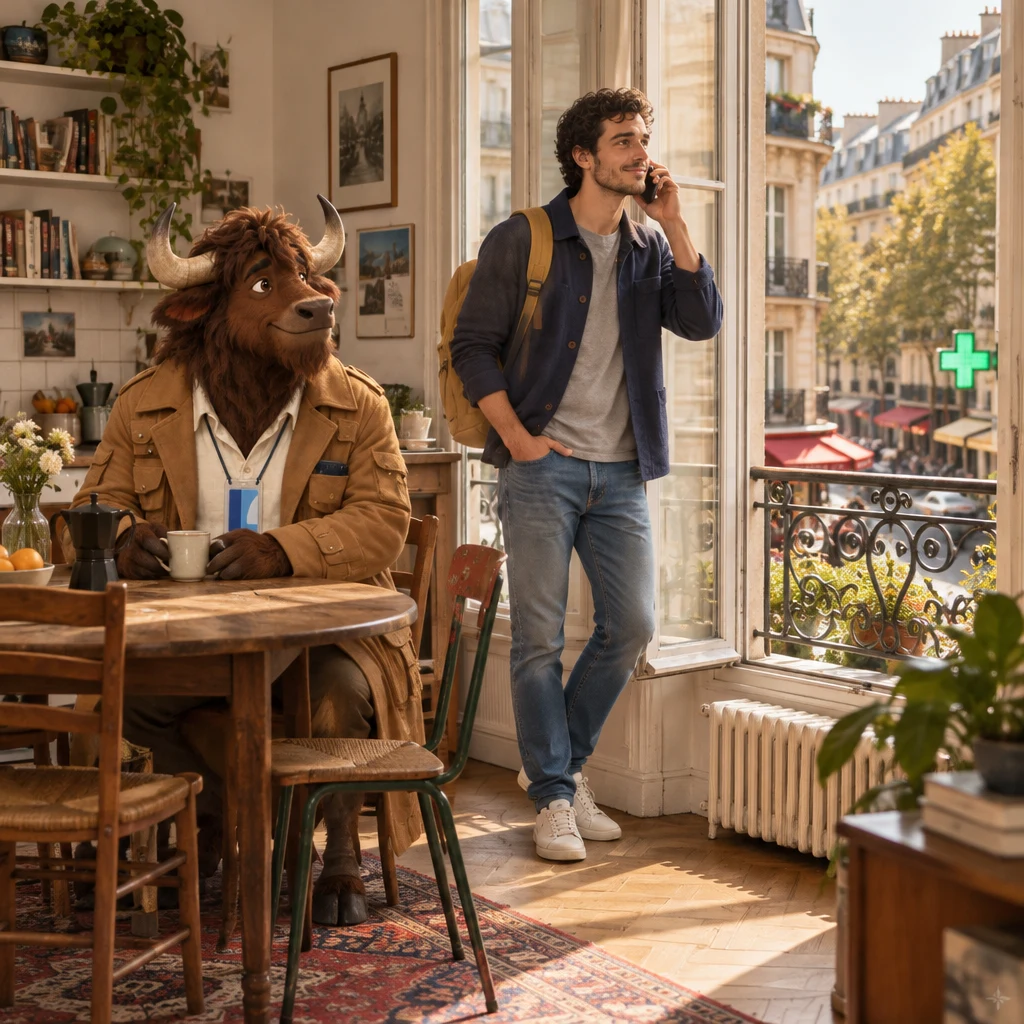 Sam holds a phone to his ear in his walk-up while Gaspard sits across a pair of chairs by the table.