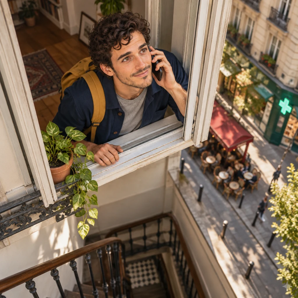 Sam stands at the apartment window with a phone to his ear, leaning in to start the booking.