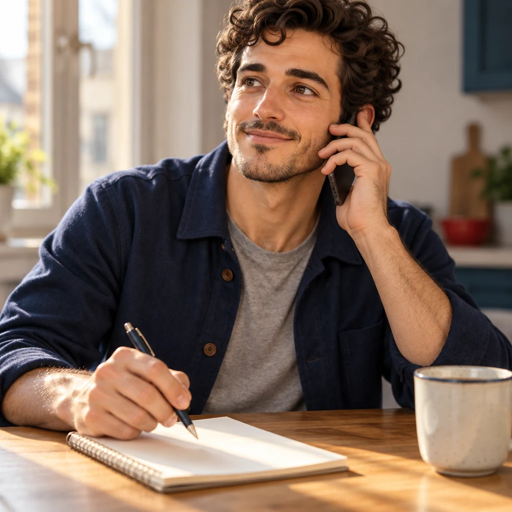 Sam sits at the table with a phone to his ear, free hand hovering over a blank notepad.