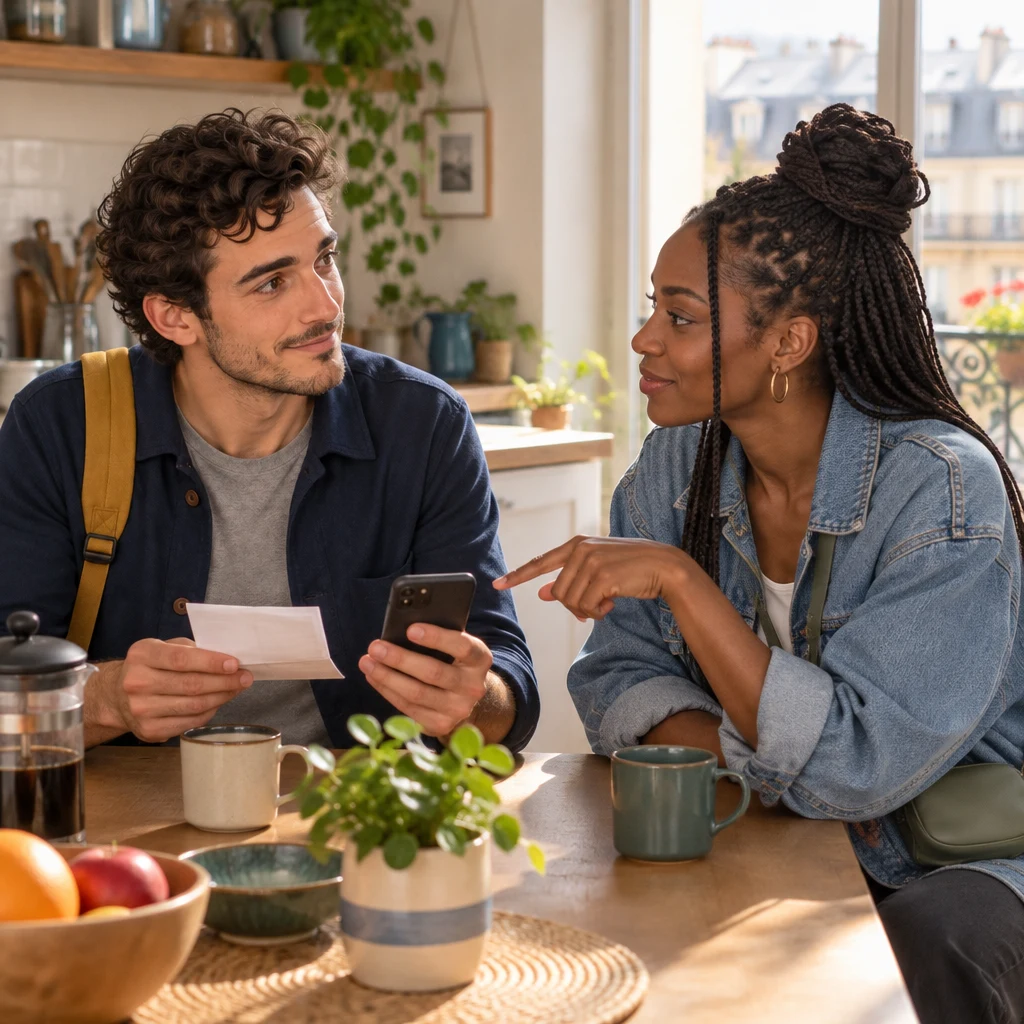 A medium two-shot shows Inès pointing at the phone on the table while Sam looks up from the delivery notice.