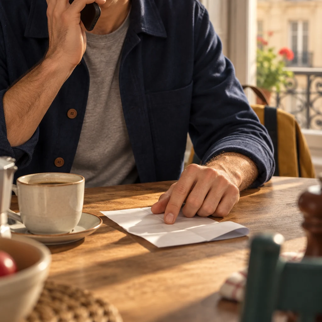A close-up shows Sam's hands on the table as one lifts the phone and the other rests on the delivery notice.