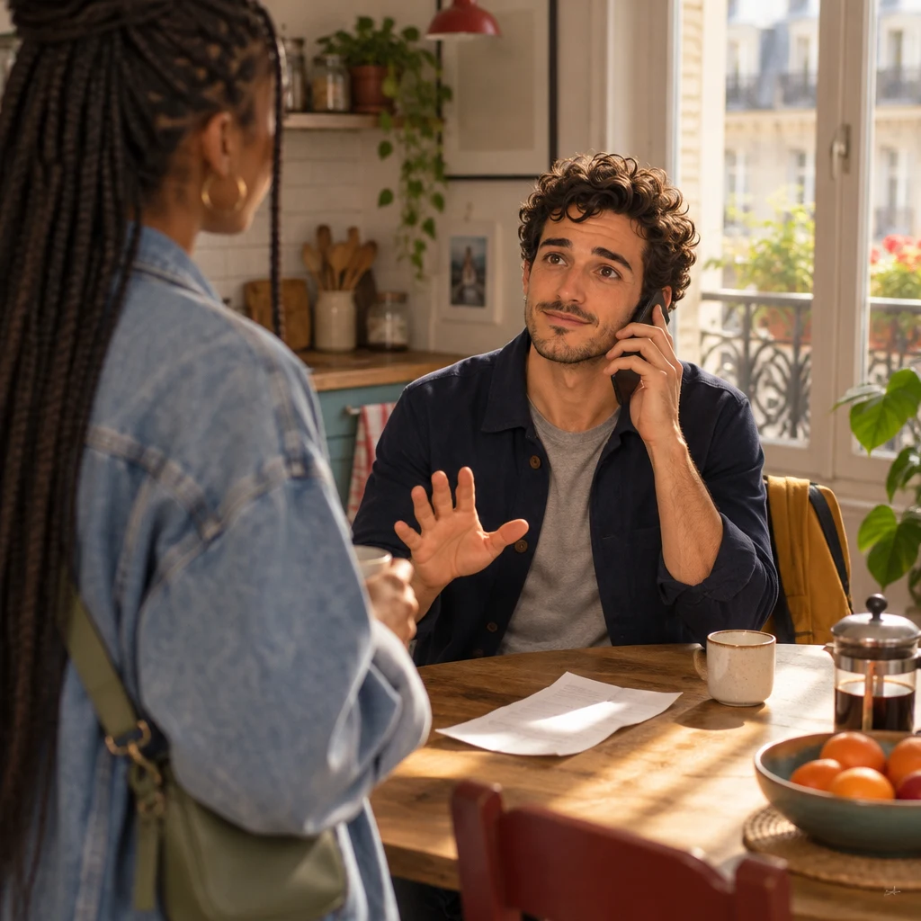 An over-the-shoulder view from standing Inès shows Sam sitting at the table, talking on the phone and asking to move the visit.