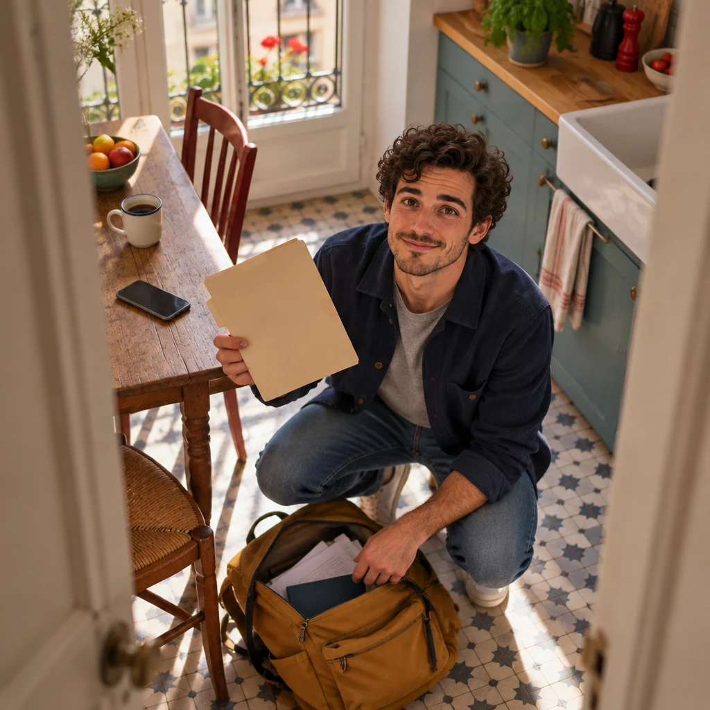 From the hallway, a high angle looks down at Sam crouching beside an open bag and holding a folder toward the phone on the table.