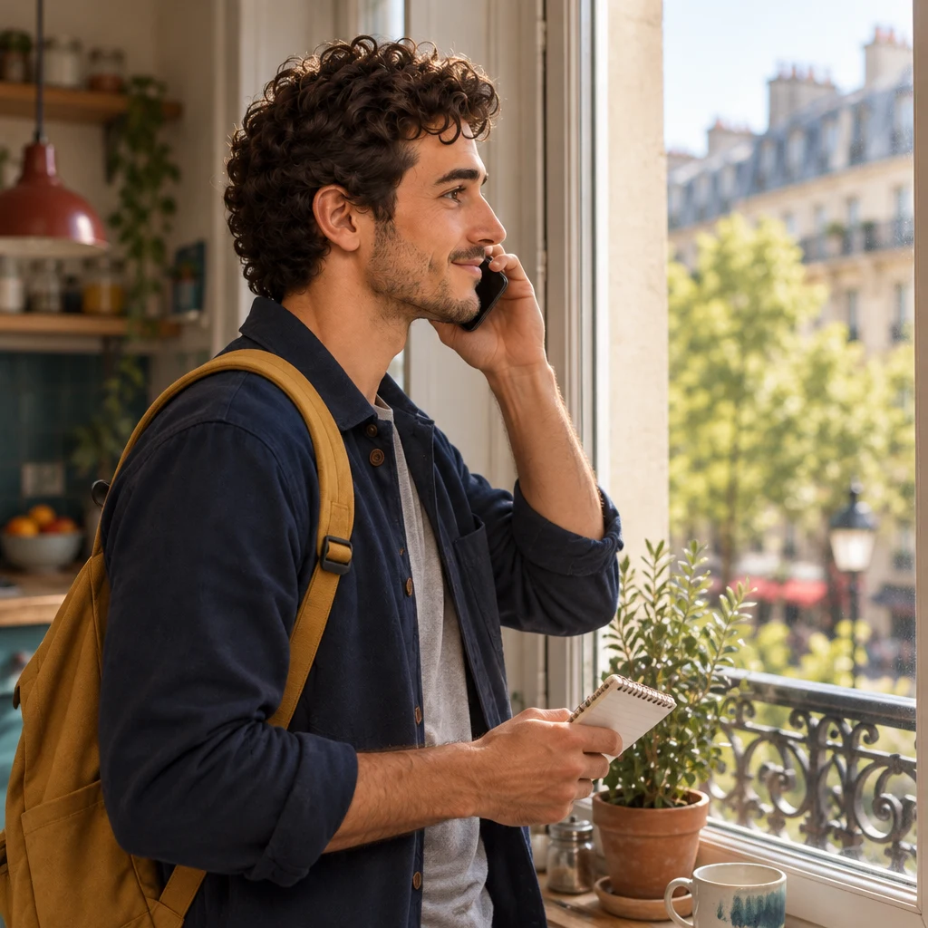 A profile view shows Sam at the tall kitchen window with the phone to his ear and a blank notepad in his hand.