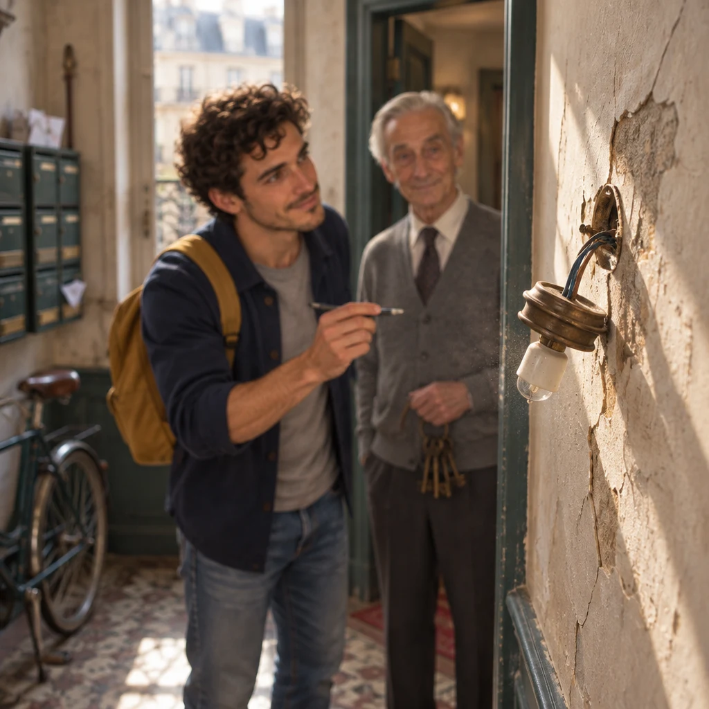 A cracked wall patch and a loose fixture on the landing, with Sam and Monsieur Lefebvre soft behind it while Sam holds a pen.