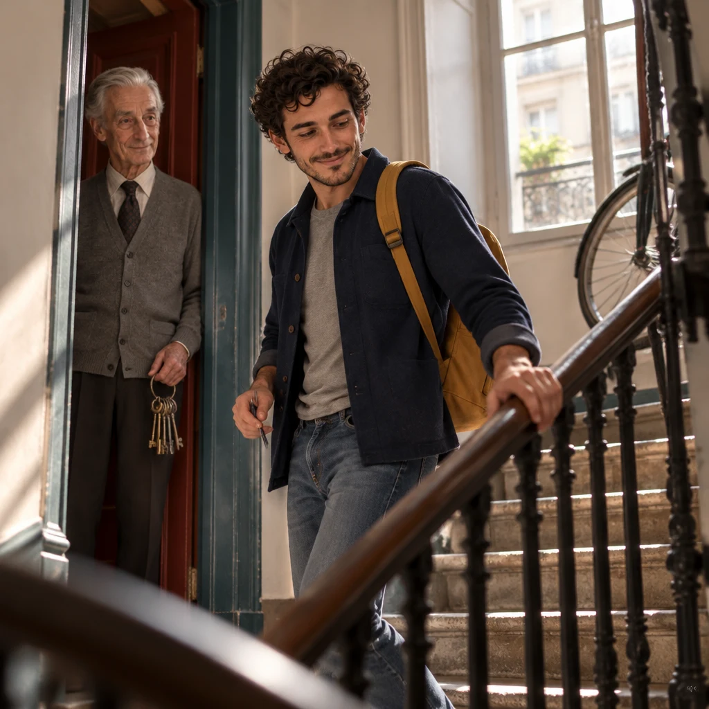 Sam turning toward the descending stairs with one hand on the banister and a pen in the other, as if ready to leave.