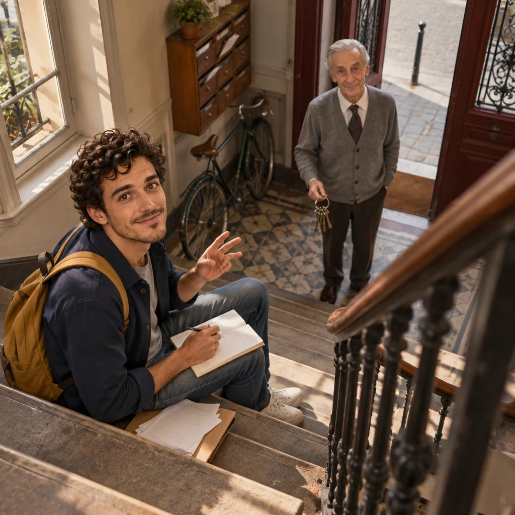 High-angle view of Sam sitting on a landing step with a pen hovering over a page and the other hand raised as if counting.