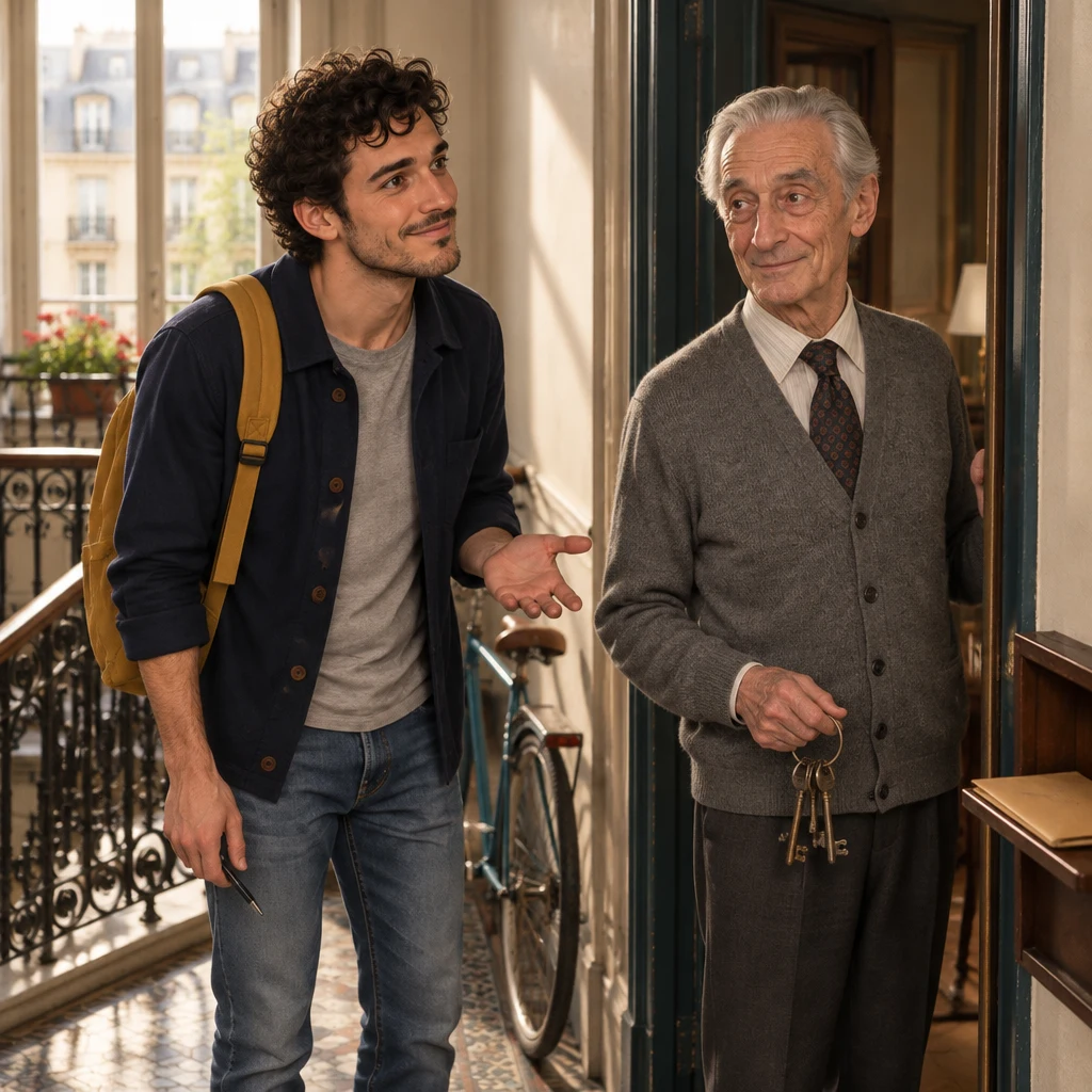 Sam facing Monsieur Lefebvre in the doorway, leaning slightly forward with an open palm and a pen still held at the side.