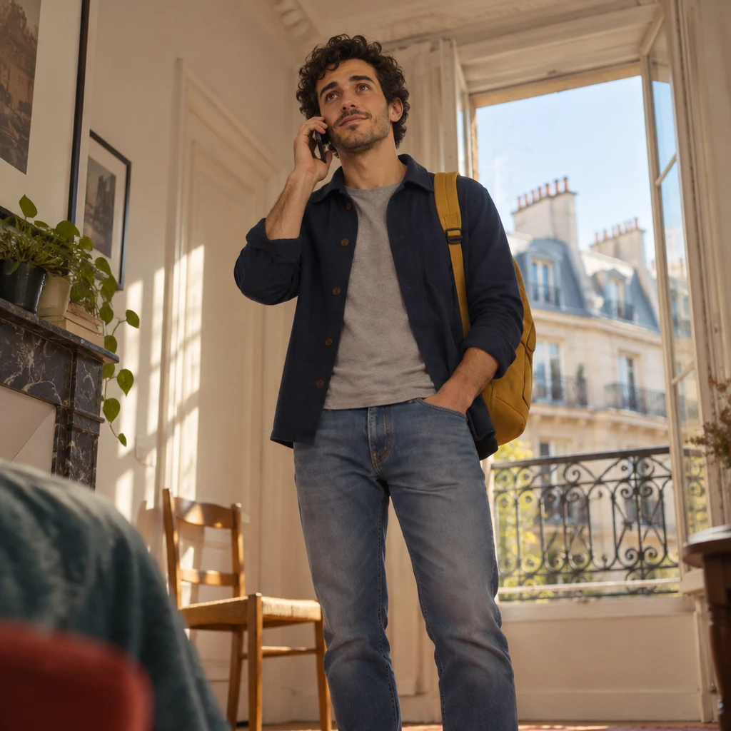 Low-angle view of Sam standing in the walk-up apartment with a phone to an ear.