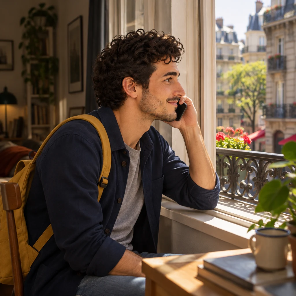 Profile of Sam sitting by the apartment window with the phone pressed to an ear.