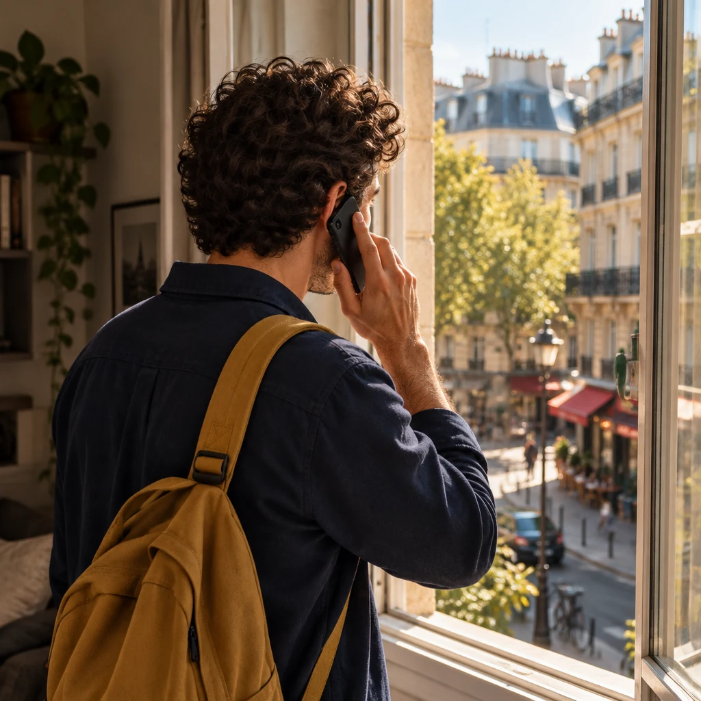 Over-the-shoulder view of Sam at the apartment window with the phone to an ear, looking out over the street.