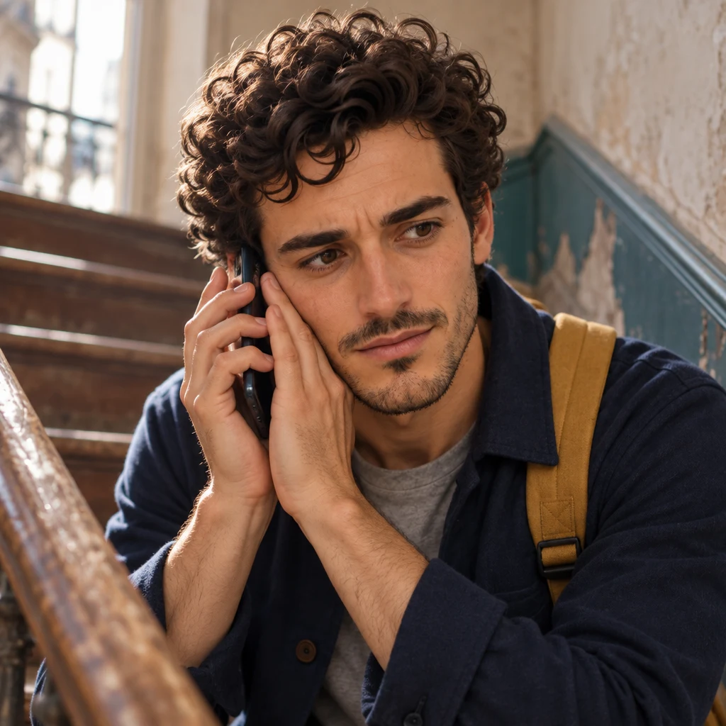 Close-up of a phone pressed to Sam's ear on the wooden stairs, the other hand cupping it to listen.