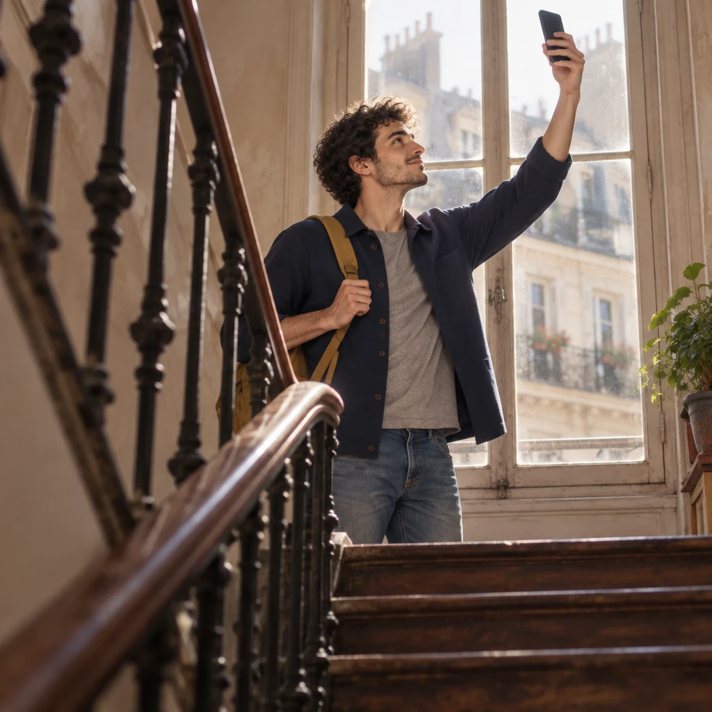 Low-angle view of Sam on a half-landing holding a phone high toward a window, hunting for a signal.