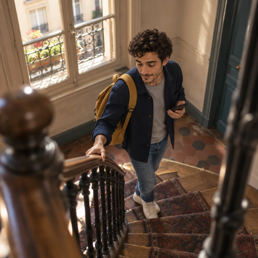 High-angle view from a landing above as Sam lowers his phone and turns to continue down the stairs.