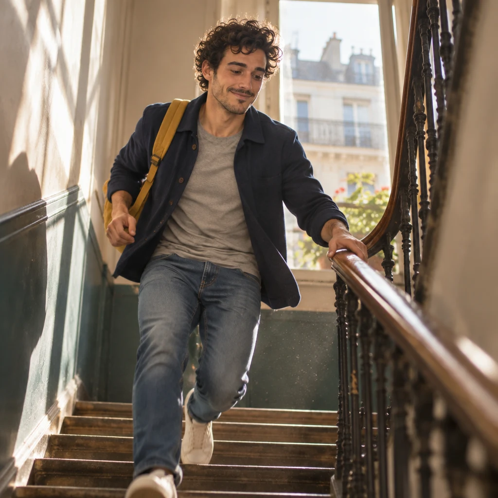 Sam hurries down the walk-up staircase, a mustard backpack bumping the rail.