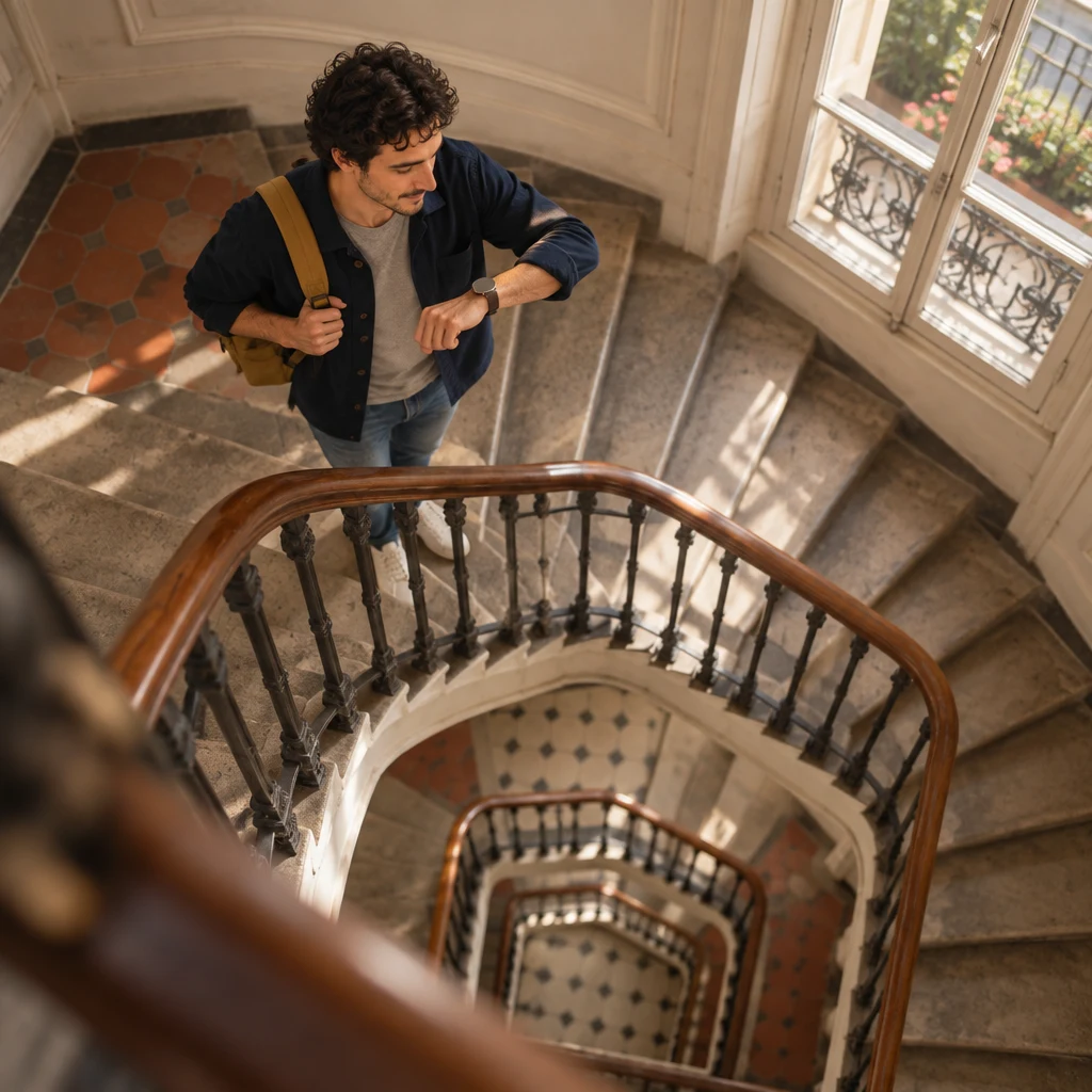 Sam pauses high on the walk-up stairs and glances at a watch with a blank face.