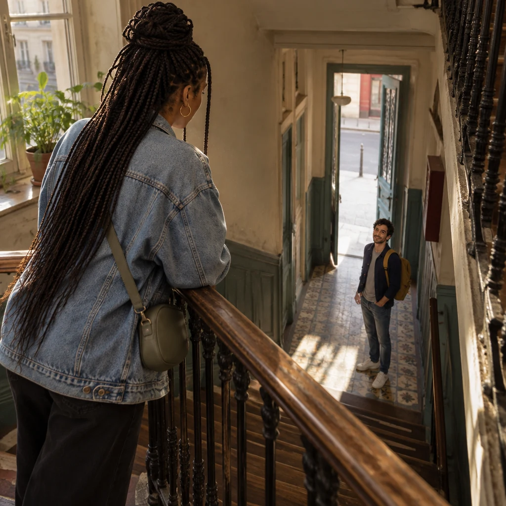 Inès on an upstairs landing, leaning over the banister and looking down the stairwell at Sam.
