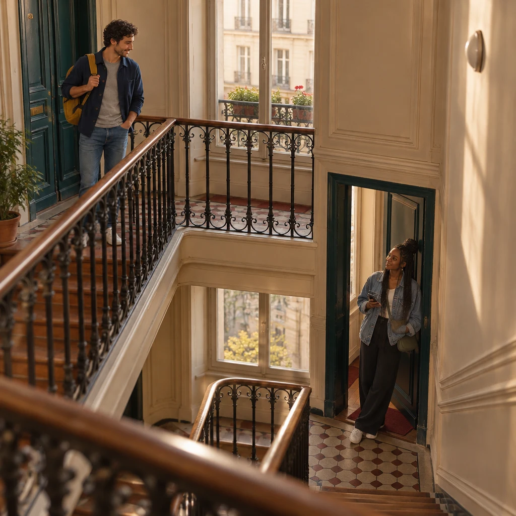 A quiet walk-up stairwell with Sam small on an upper landing beside a mustard backpack and Inès small at a doorway further down, phone in hand.