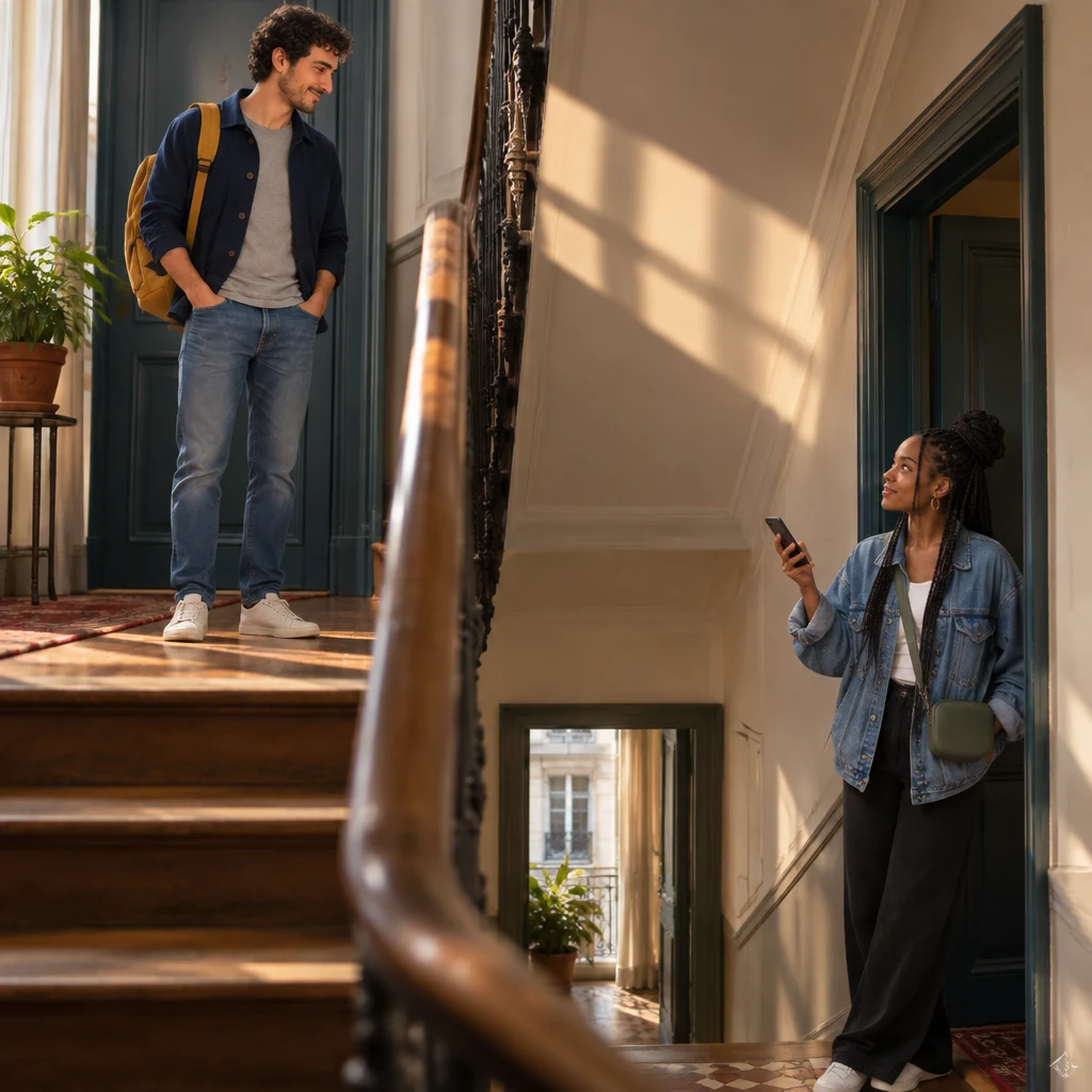 Sam on the upper landing and Inès in a lower doorway looking up with a phone raised, facing each other across the stairs.