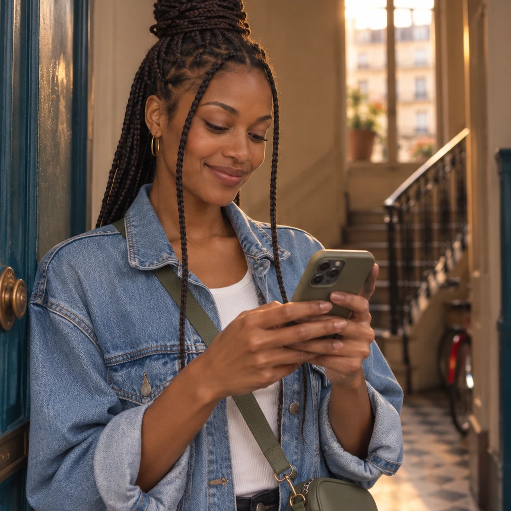 Inès in a doorway looking down at a phone as she adds a contact.
