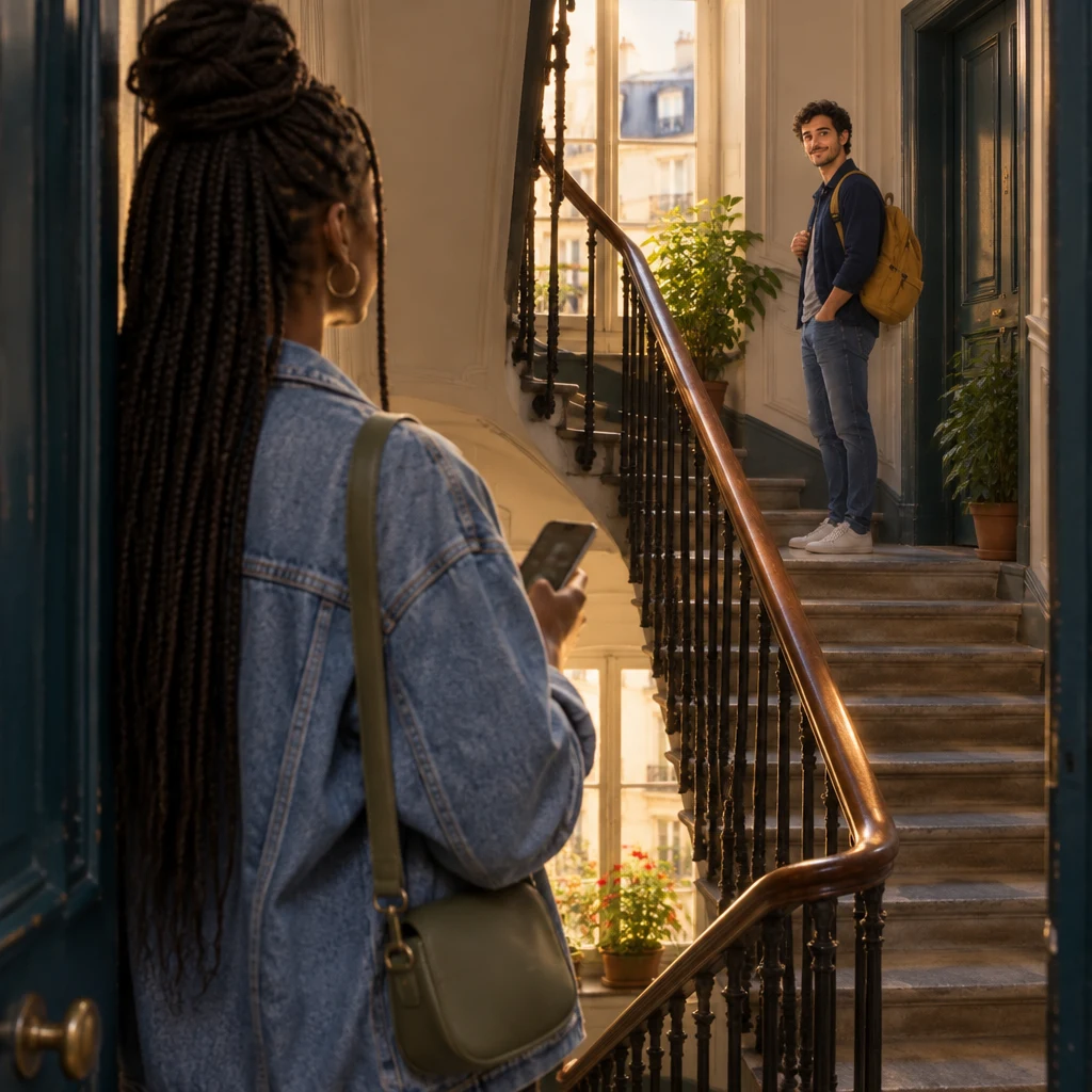 Inès in a doorway seen from behind, sending something on a phone, with Sam small on the landing above.