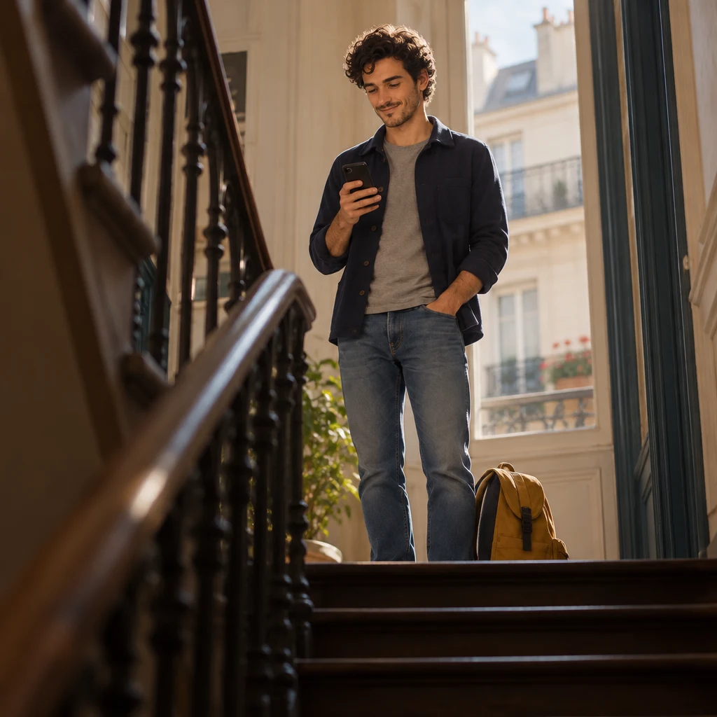 Sam on the upper landing with a mustard backpack, looking at a phone as if sending a message.