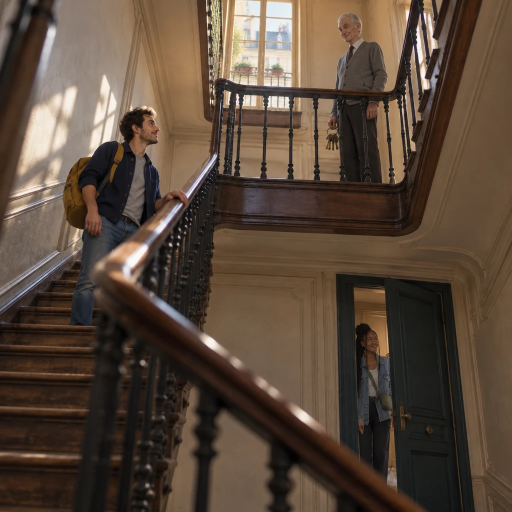 A wide stairwell view with Sam small on the wooden stairs, Monsieur Lefebvre small on the landing with a heavy ring of keys, and Inès just visible at a door open a crack farther down the well.