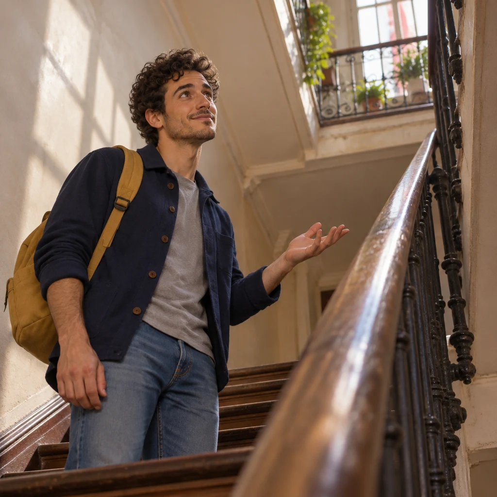 Sam stands on the wooden stairs looking up toward the landing, one hand lifted from the banister as if asking the date.