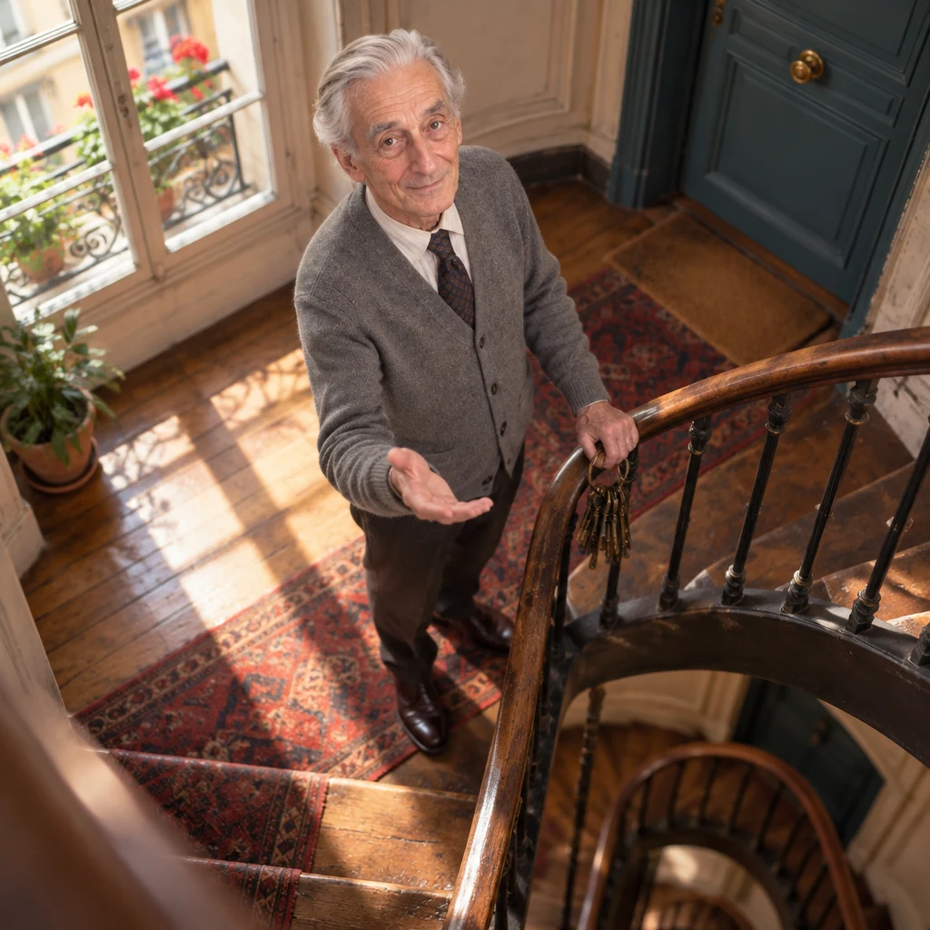 Monsieur Lefebvre leans on the banister with the keys hanging at one side and one palm pushed forward as if the day were already here.