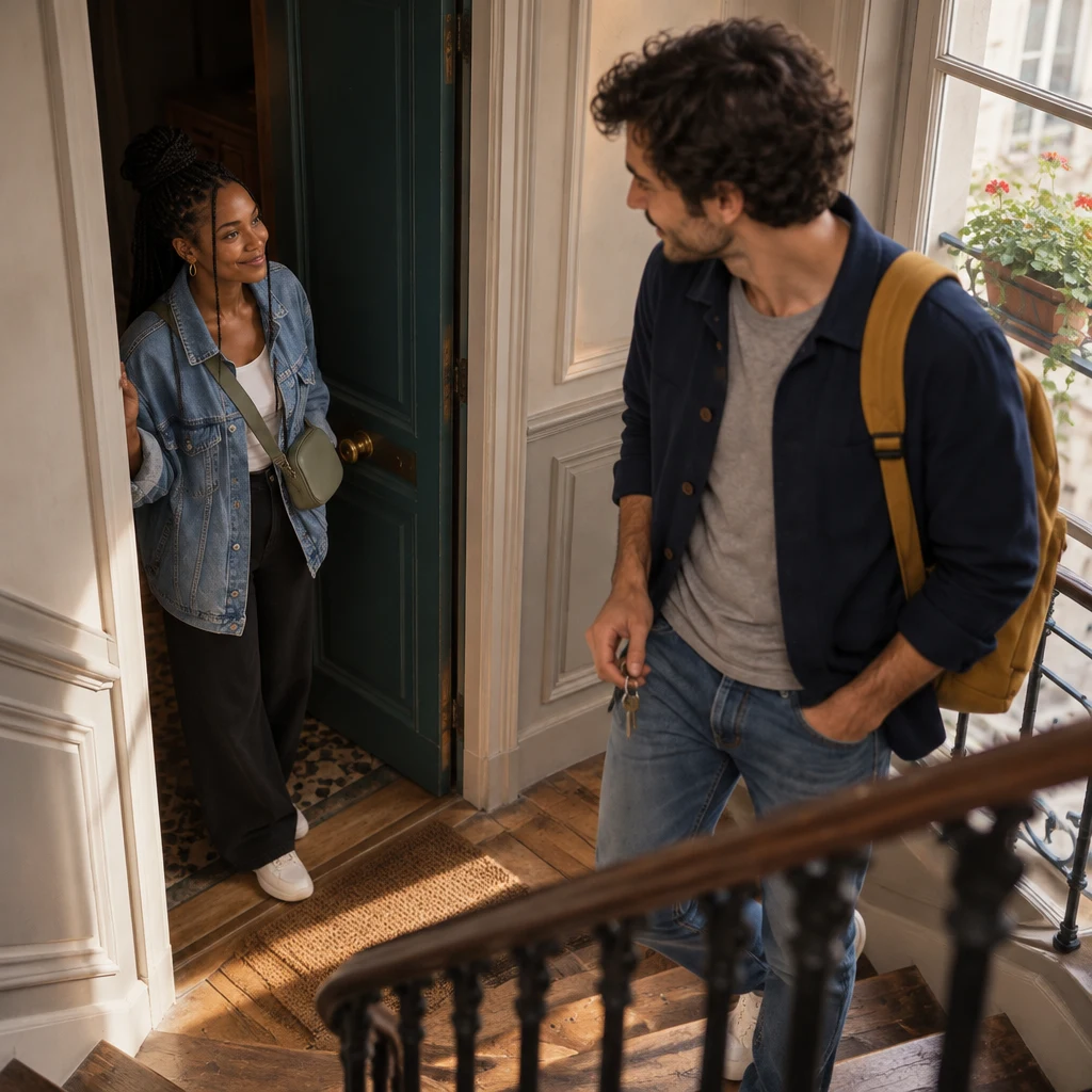 Inès leans into the stairwell from a door open a crack, looking upward, while Sam pauses on the stairs above with the keys.