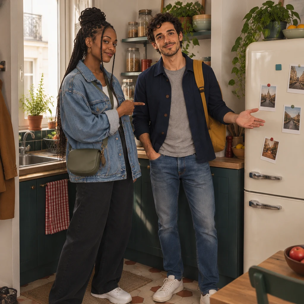 In the small kitchen, Inès points toward a fridge in the corner while Sam stands beside her.