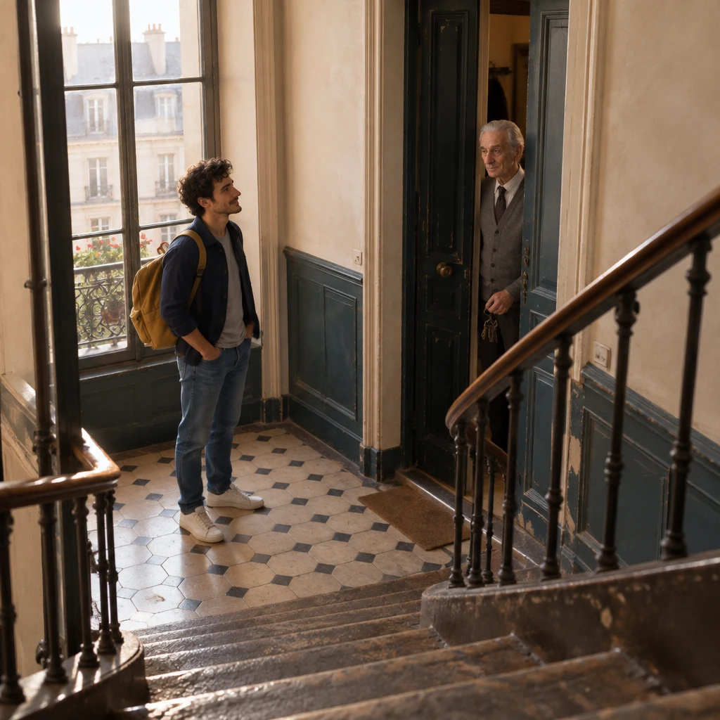 A wide view of the worn walk-up landing with Sam waiting outside and Monsieur Lefebvre upright in his barely open doorway, a heavy ring of keys in his hand.