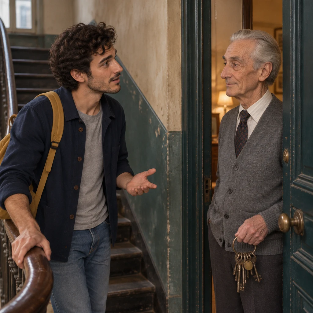 A medium two-shot of Sam on the landing, one hand on the banister, leaning toward Monsieur Lefebvre at the open door to ask when rent is due.