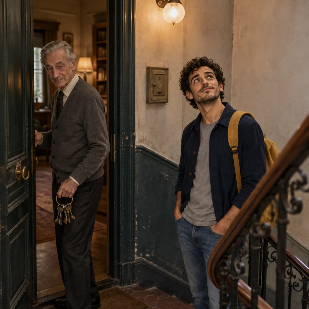 Monsieur Lefebvre pulling the door closed with the keys clicking while Sam stays on the landing and looks up at the landing light.
