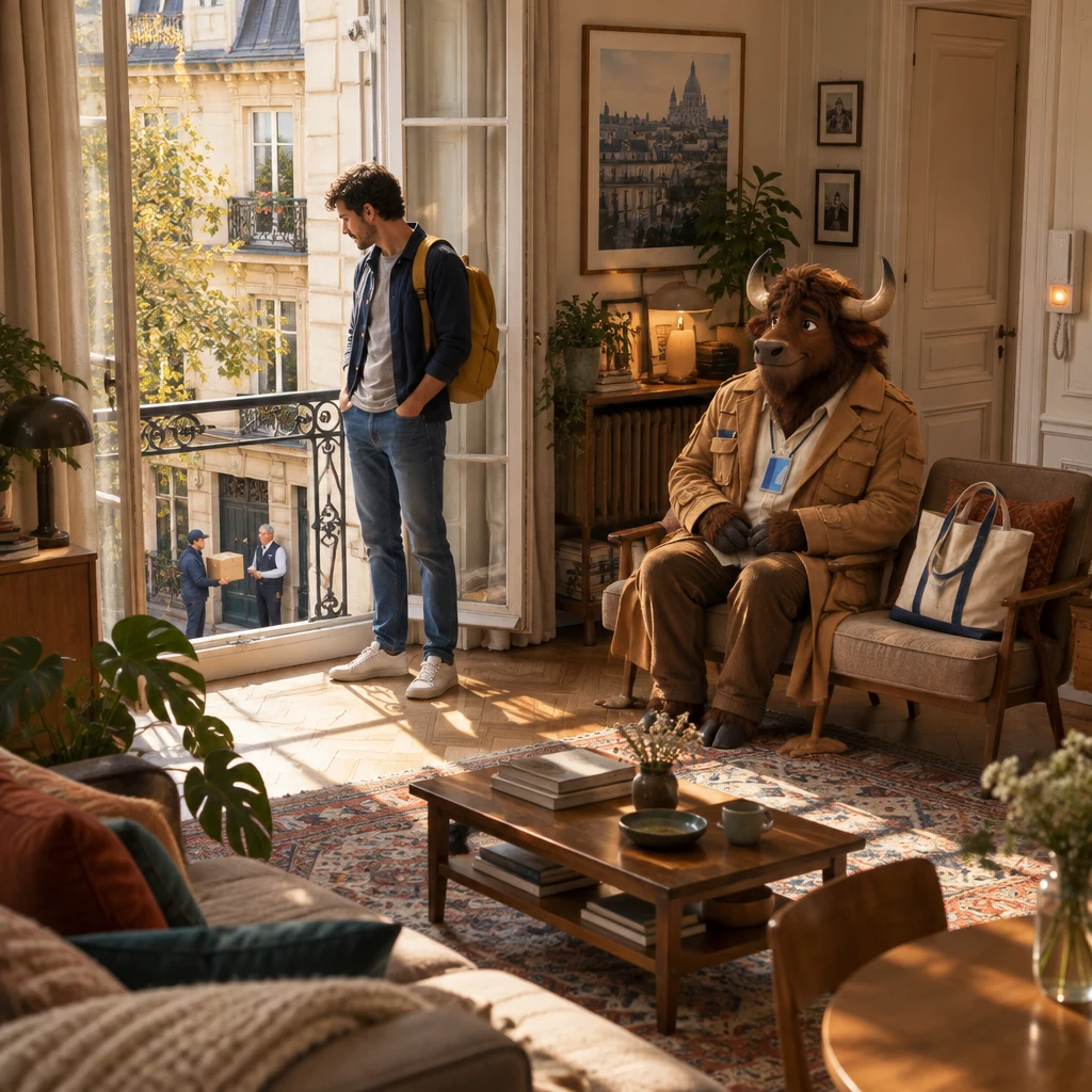 Sam's sunlit living room with Gaspard by a full tote, the wall intercom glowing, and a delivery driver with a parcel beside the caretaker far below the window.