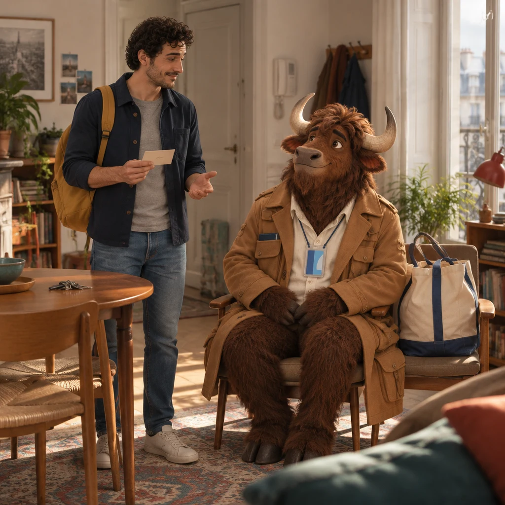 Sam and Gaspard talk in the living room while Sam holds a small card and keys sit on the table.