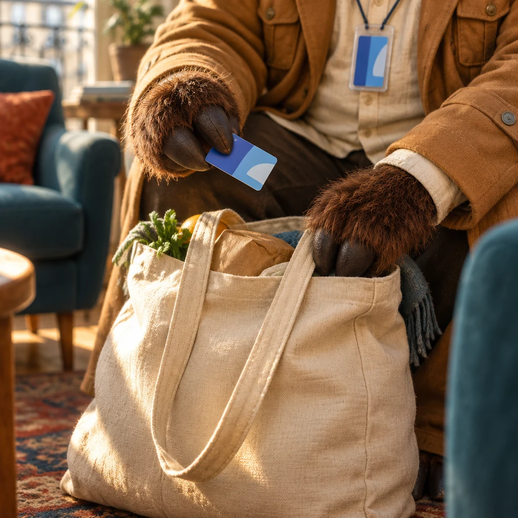 Gaspard's hands rest on a stuffed canvas tote while one hand lifts a small card.