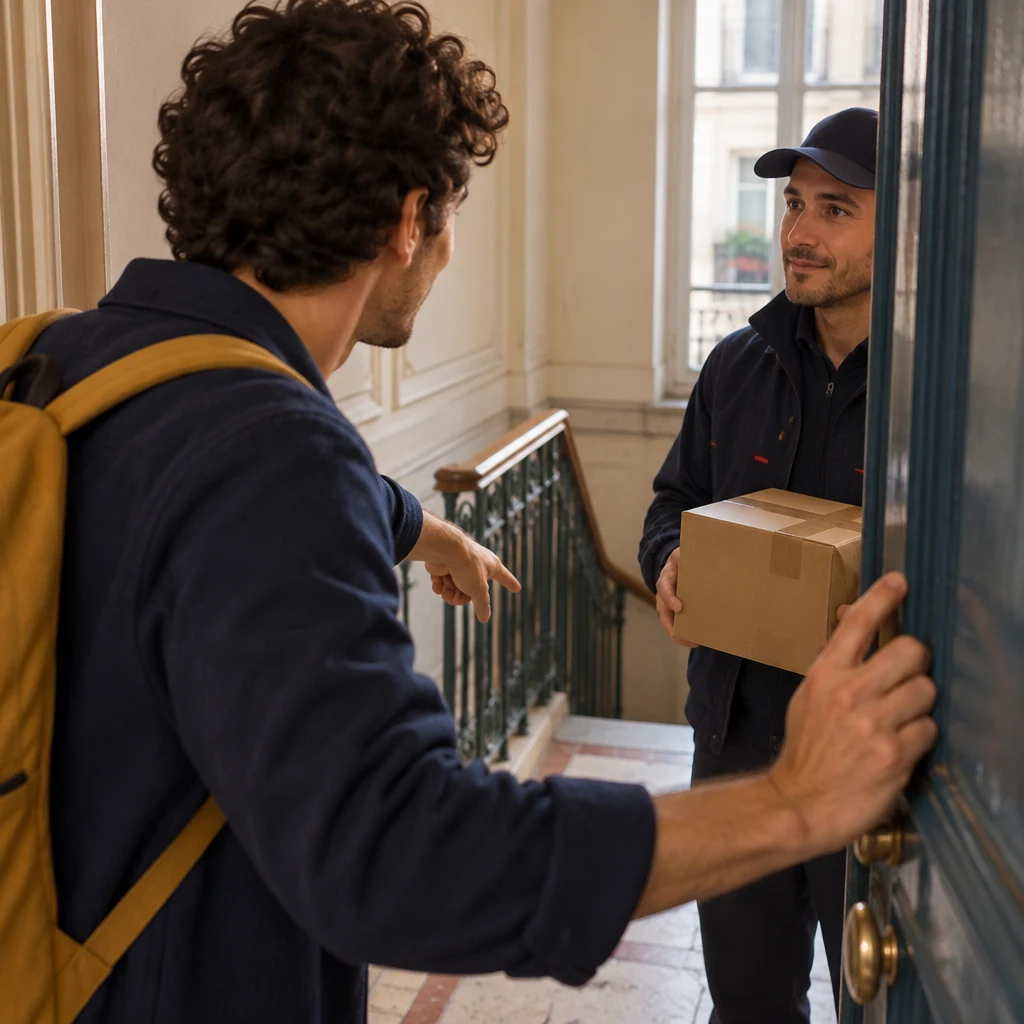 From behind Sam's shoulder, Sam speaks toward a delivery driver at the apartment door and points downstairs toward the caretaker.